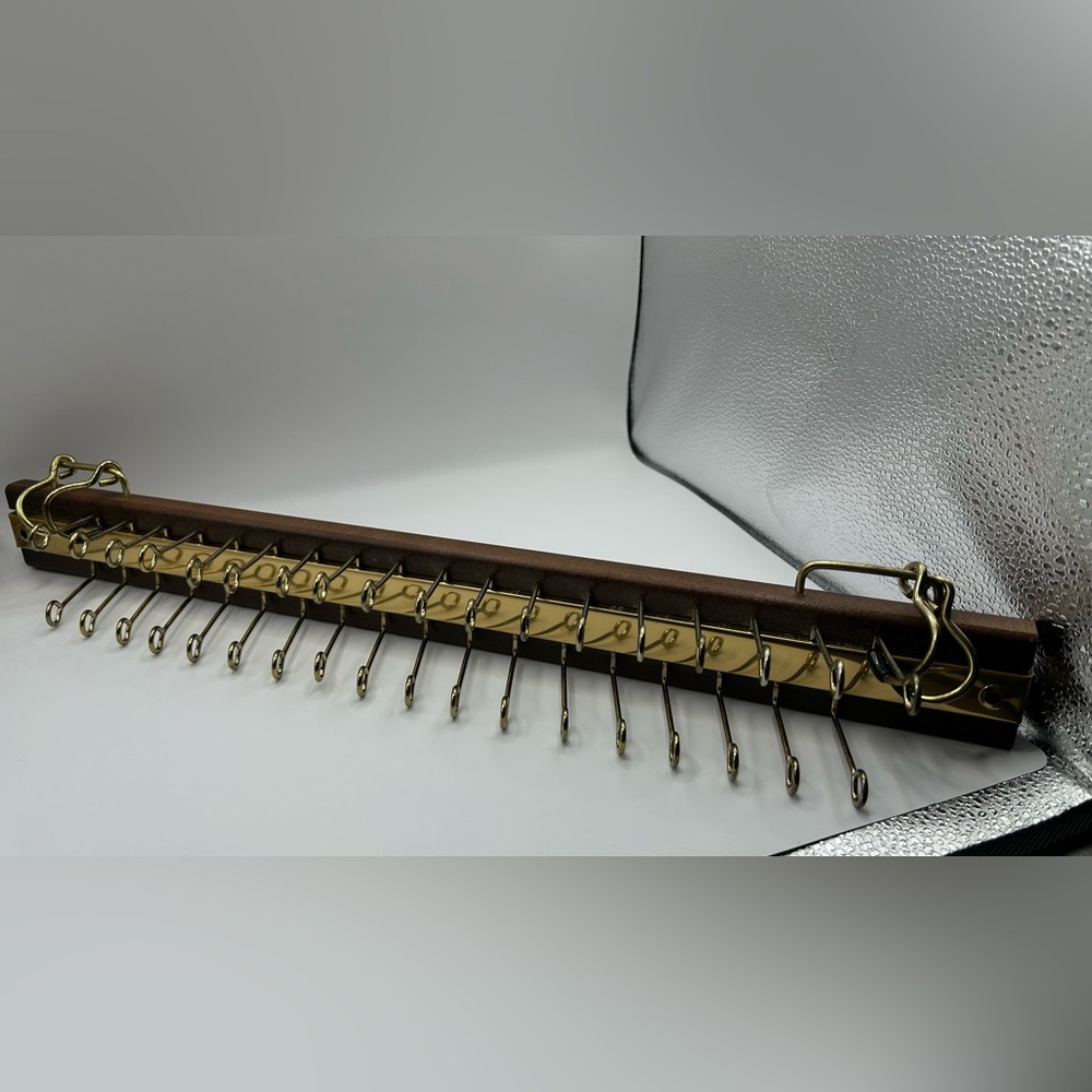 Tie Rack Mid Century Tie Scarf Belt Organizer Wood Brass Swings Hangs Holds 36